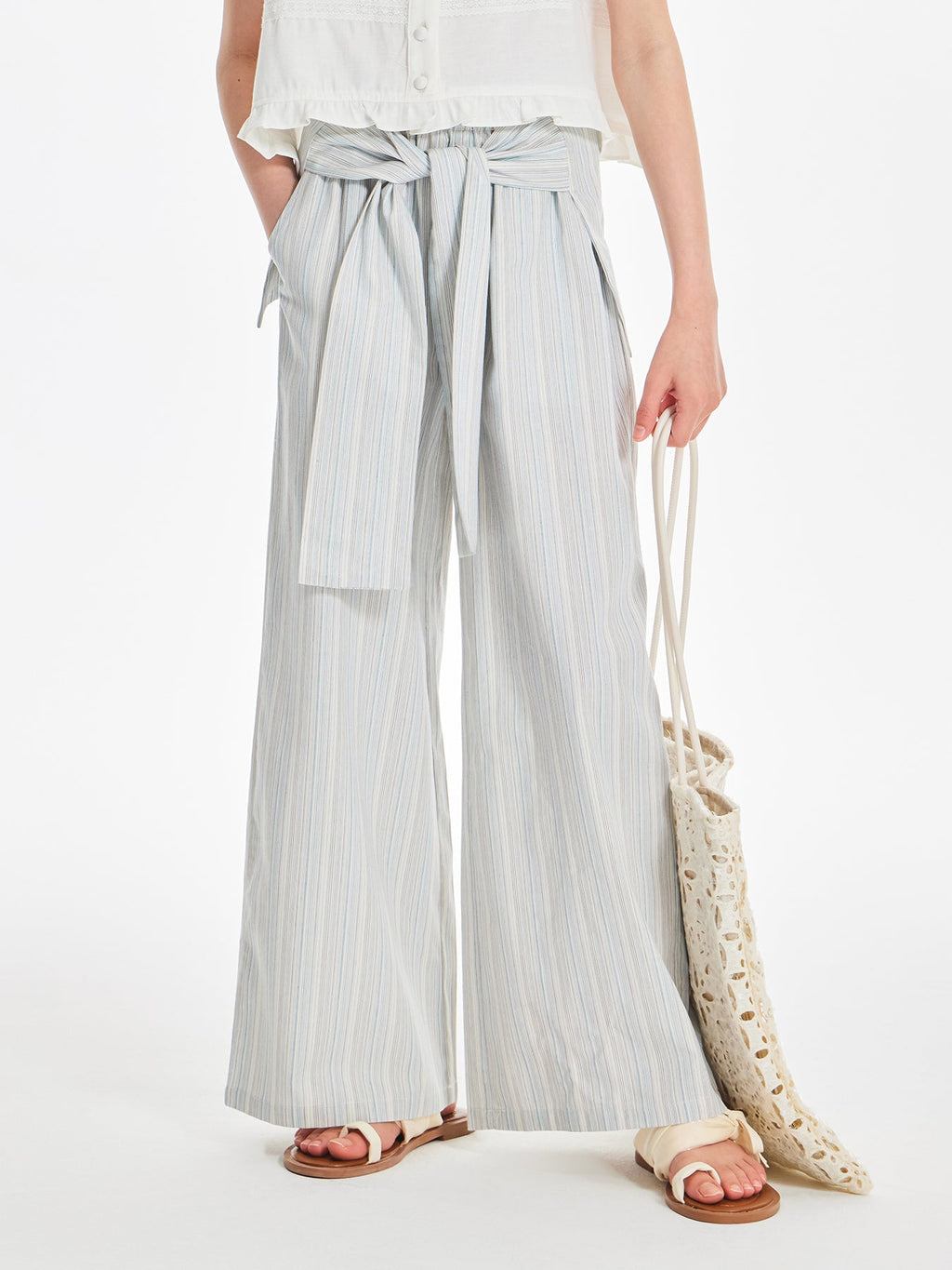 Striped Wide Leg Pants with Tie Waist and Pockets