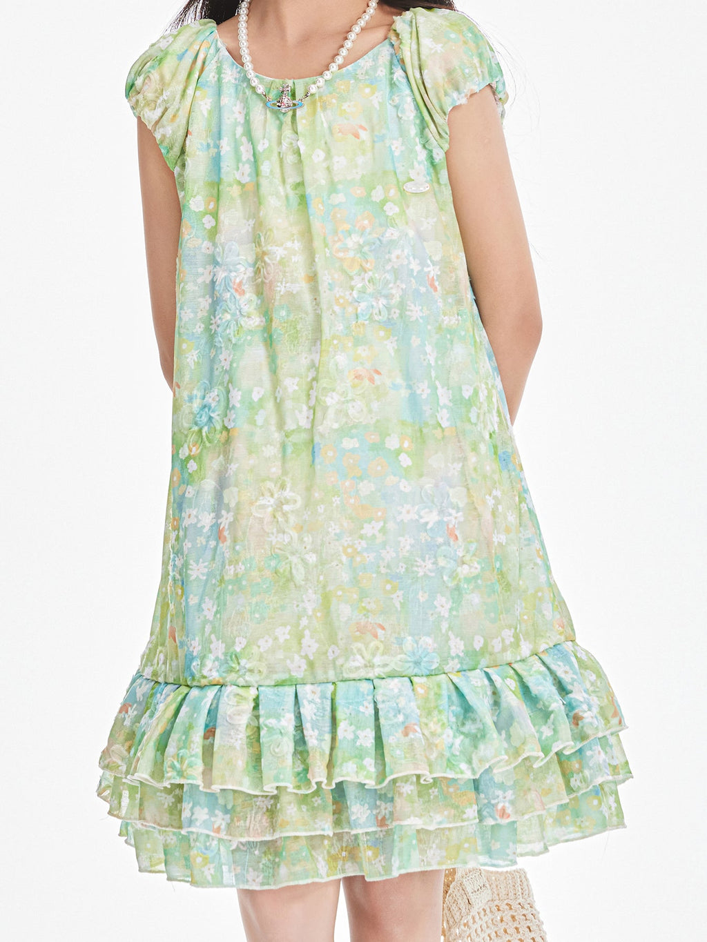 Girls Floral Puff Sleeve Holiday Dress with Scarf