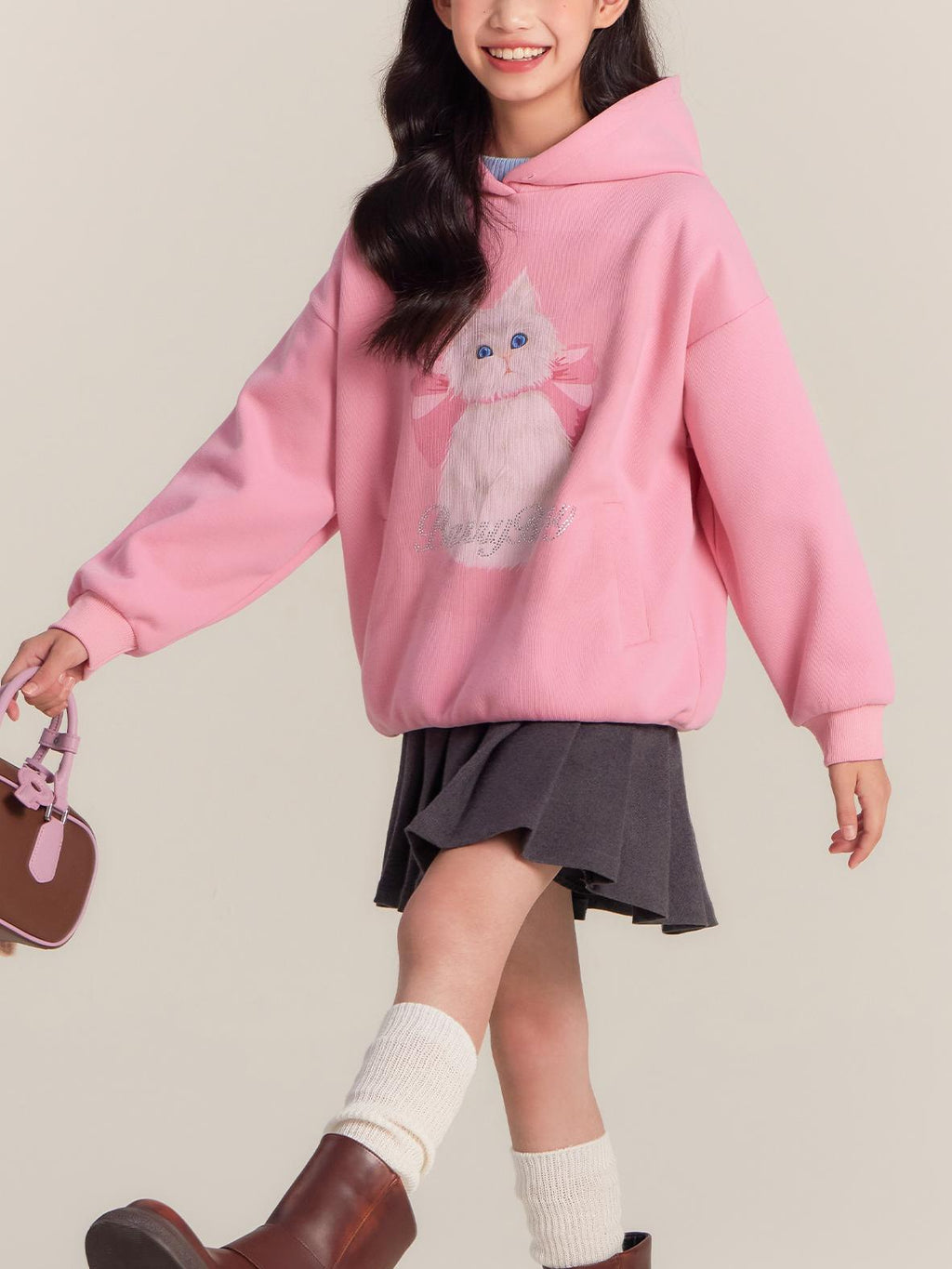 Girls Pink Hoodie with Cute Cat Print and Rhinestone Detail