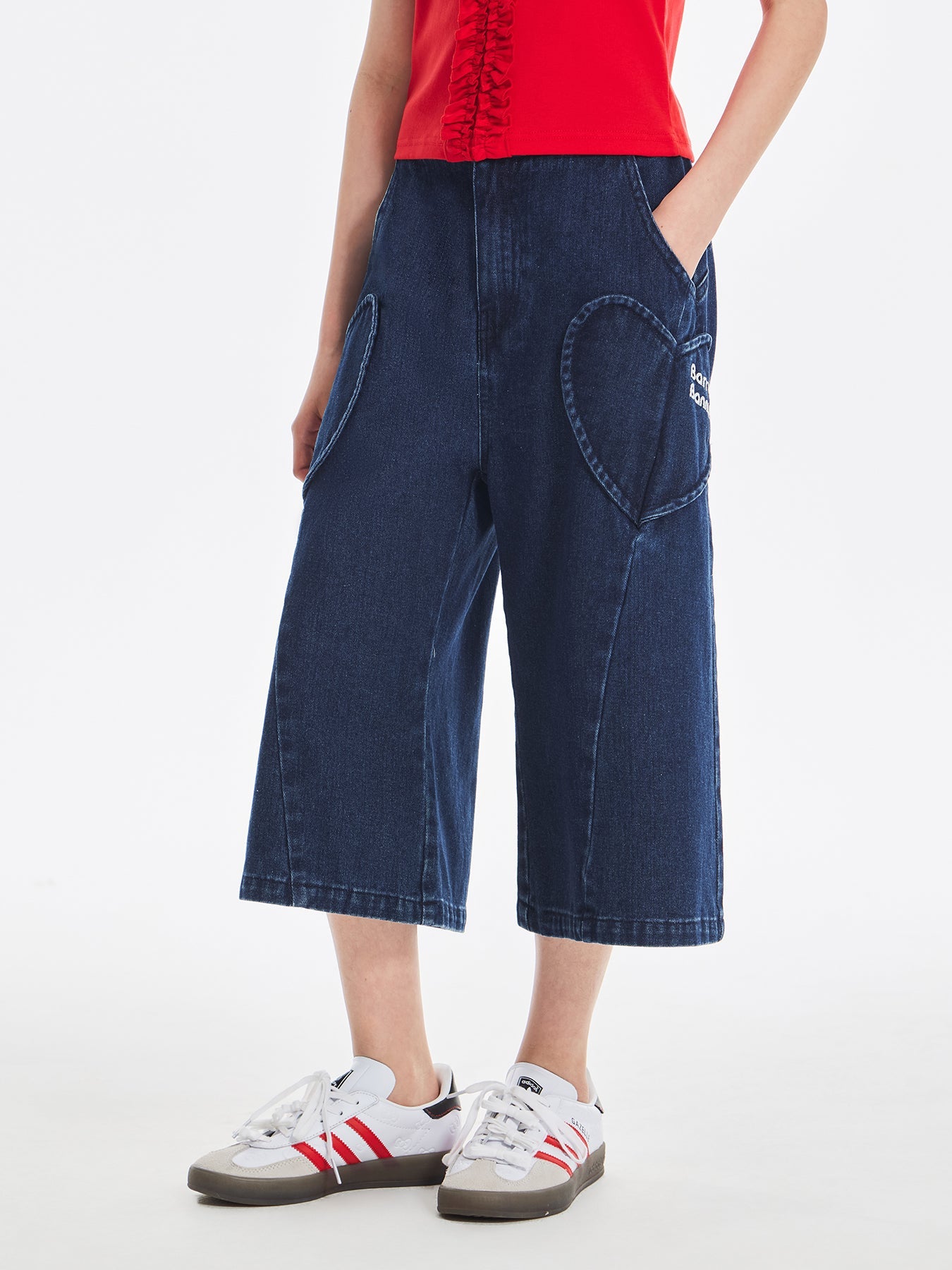 Girls Vintage Embroidered Wide Leg Denim Pants with Pockets