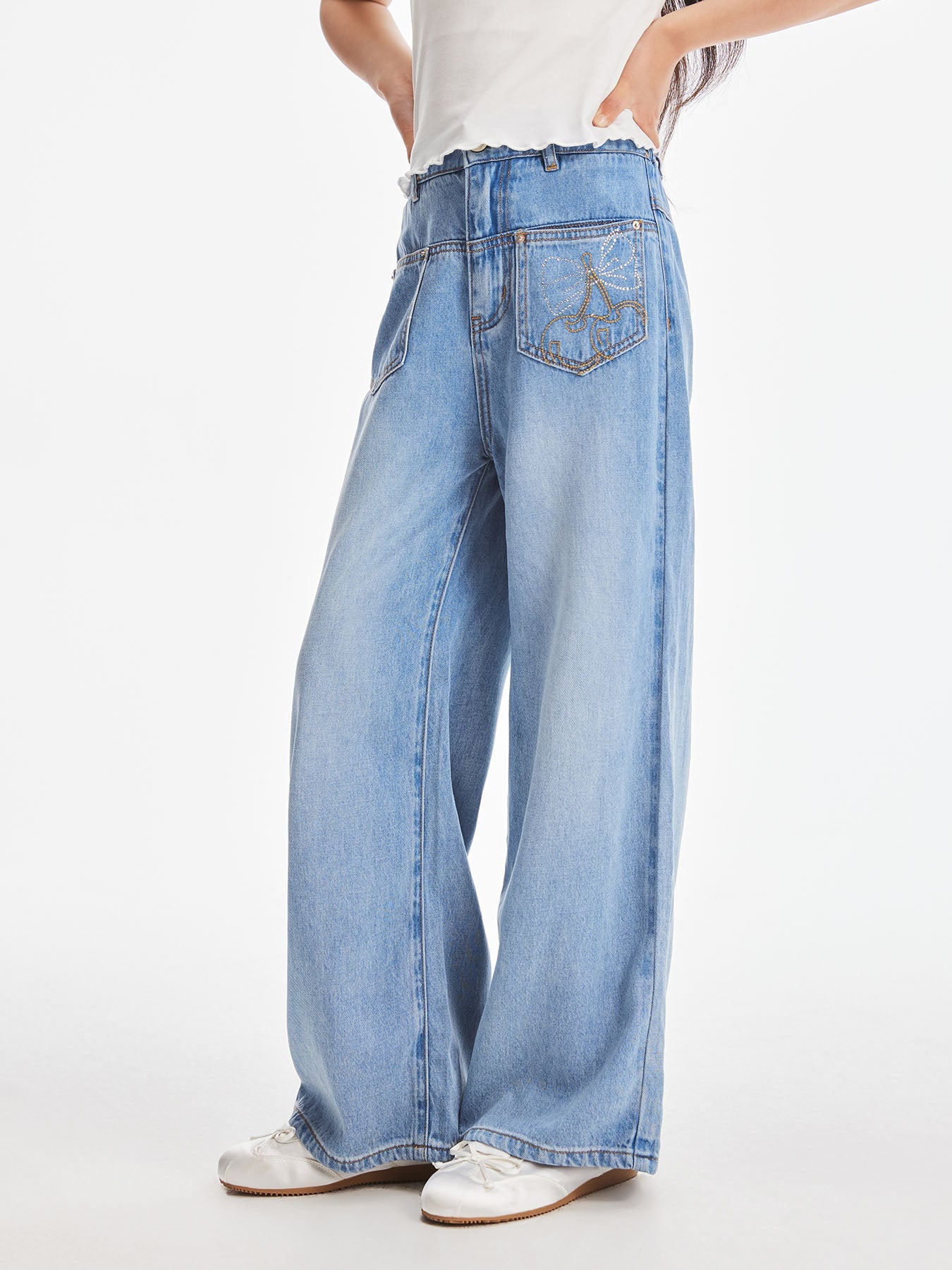 Girls High Waist Butterfly Embroidered Wide Leg Jeans