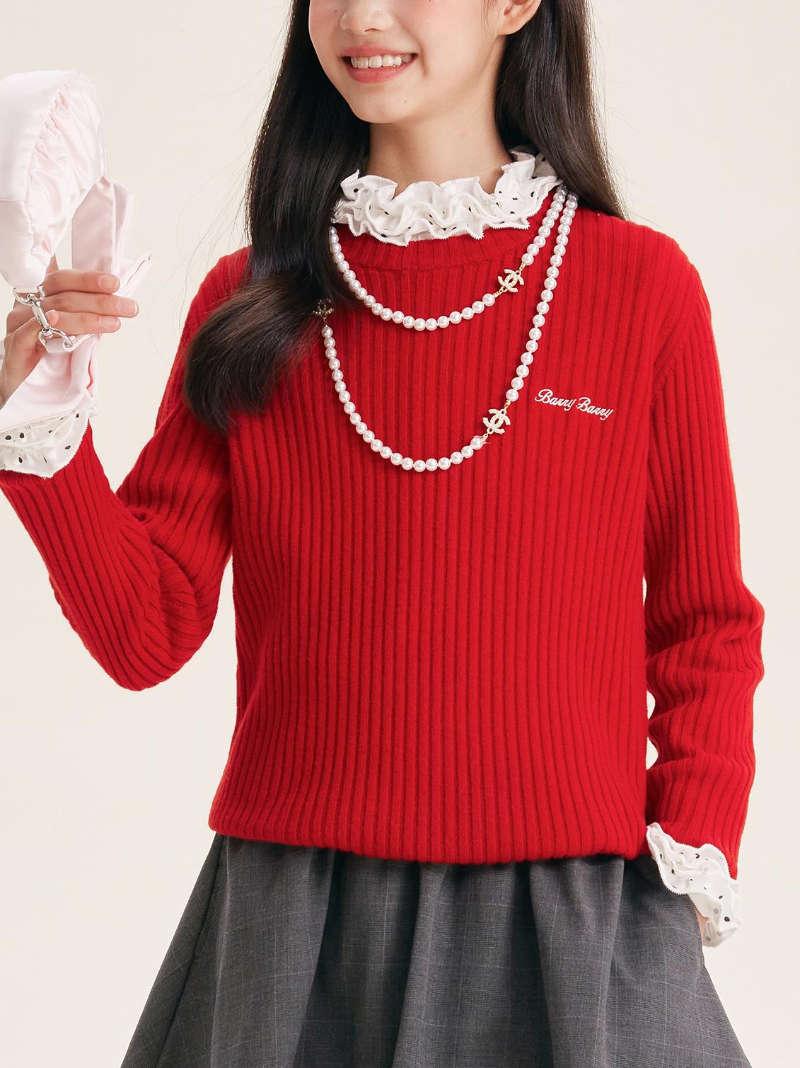 Girl's Solid Color Knit Sweater Crew Neck Pullover
