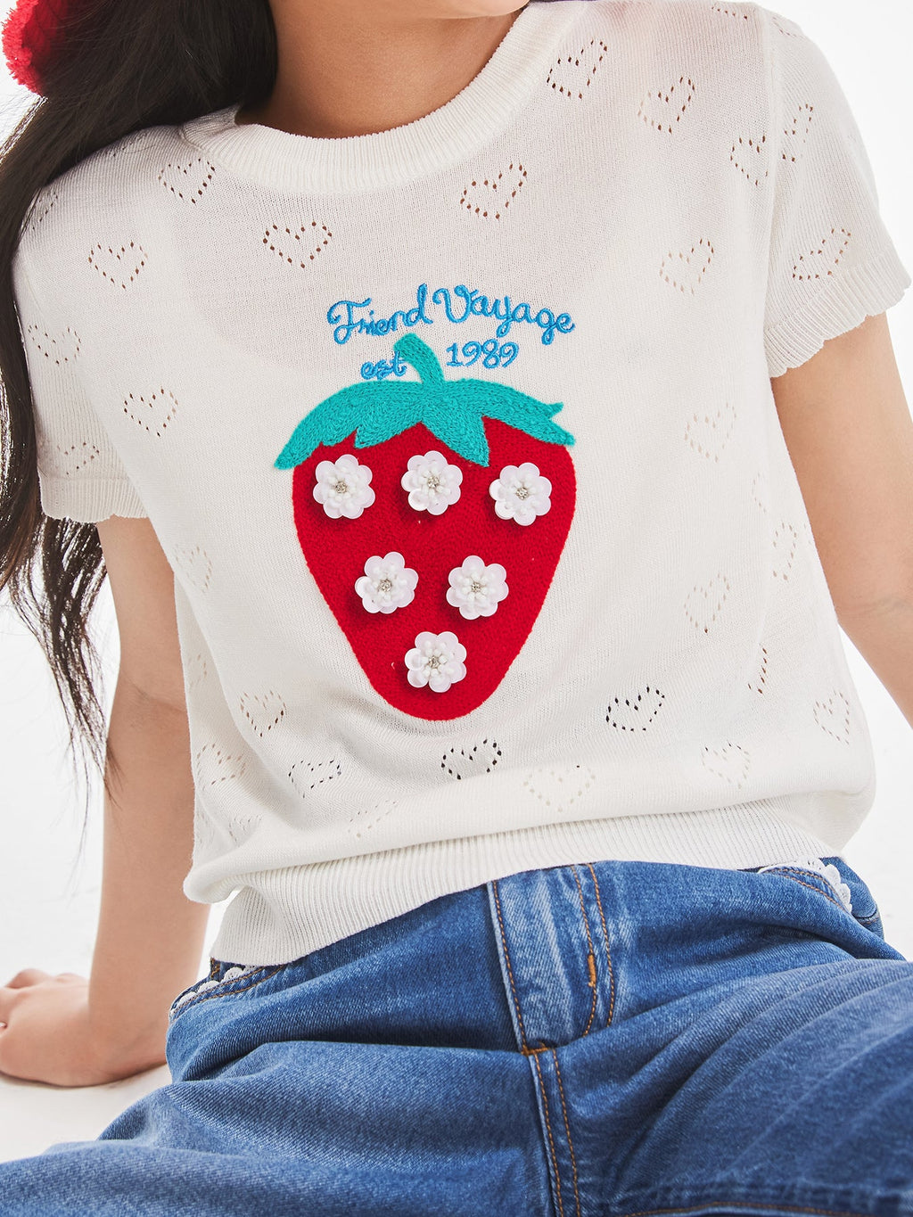 Girls Strawberry Knit T-Shirt Summer Short Sleeve Top