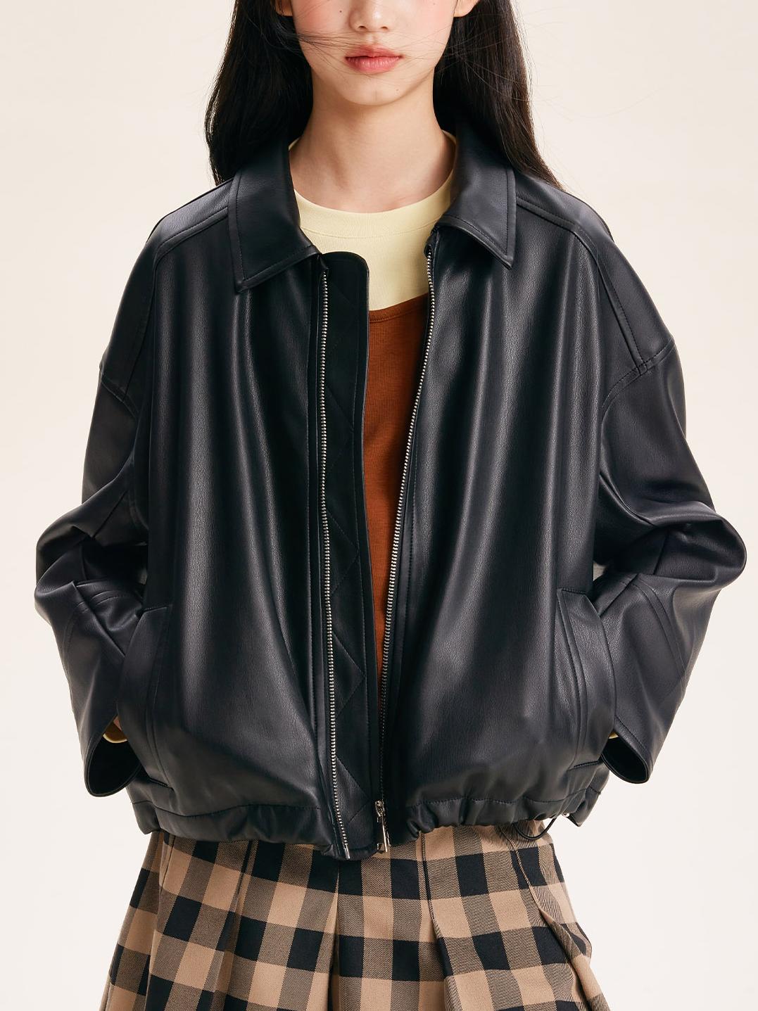 Girls' Black Faux Leather Zip-Up Bomber Jacket