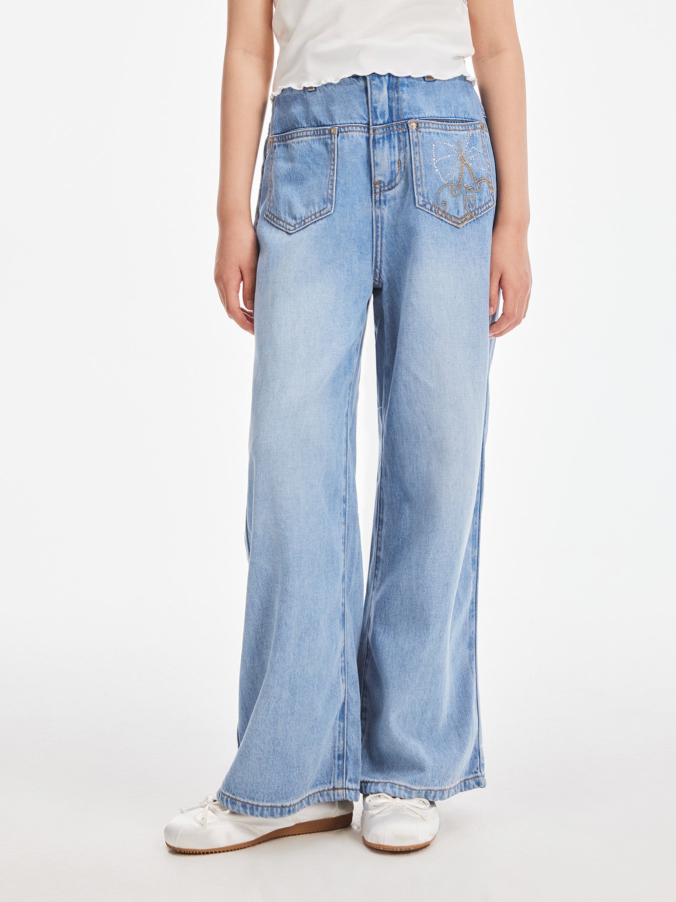 Girls High Waist Butterfly Embroidered Wide Leg Jeans