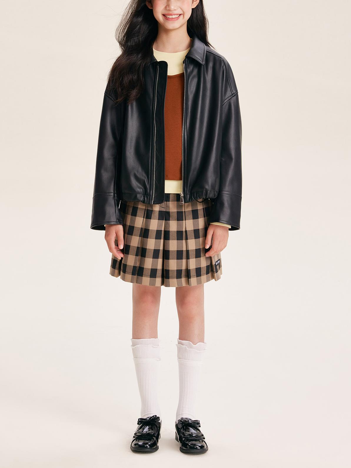 Girls' Black Faux Leather Zip-Up Bomber Jacket