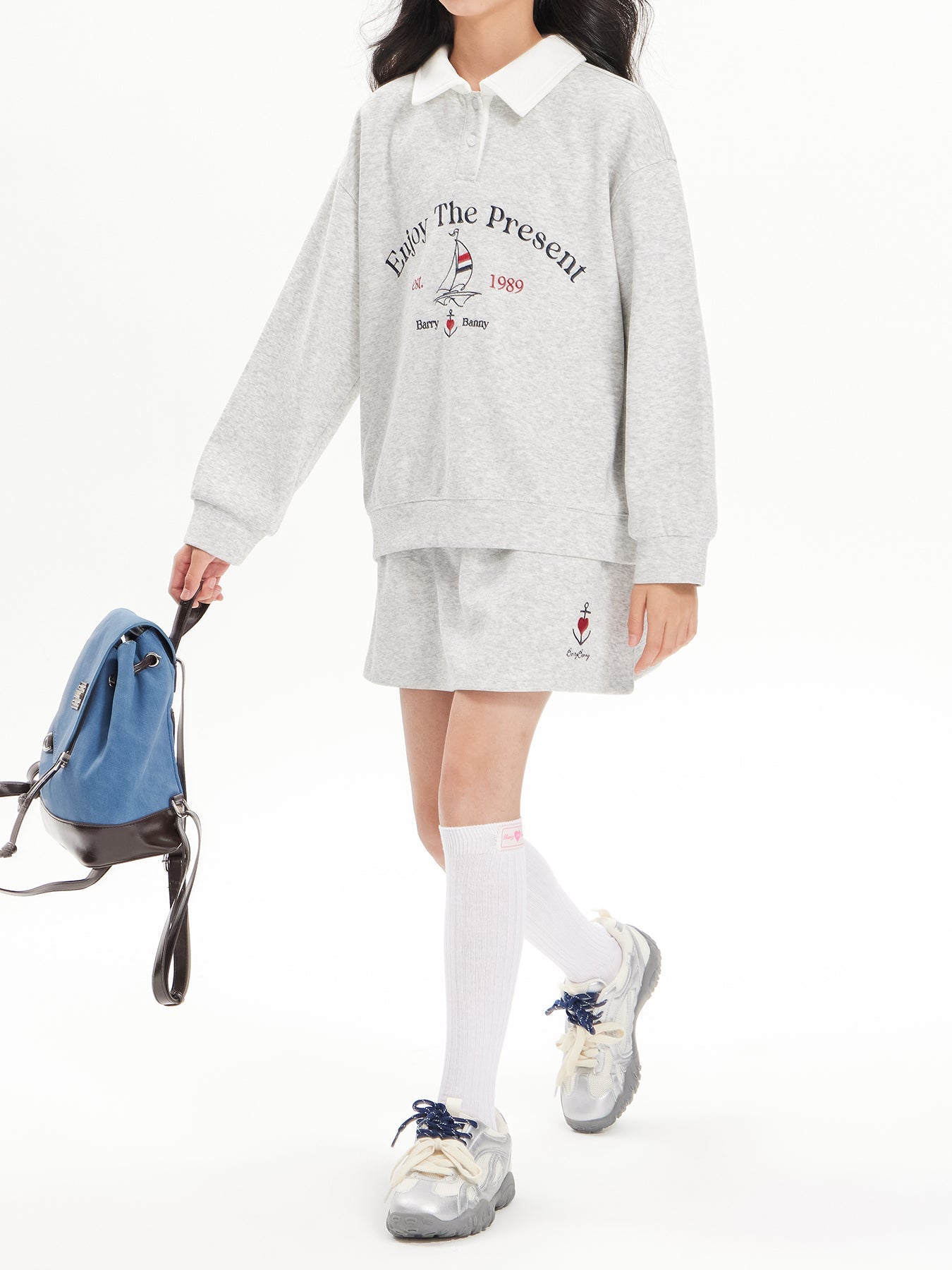 Girls Vintage Polo Sweatshirt & Wide Leg & Skirt Set - Retro Style