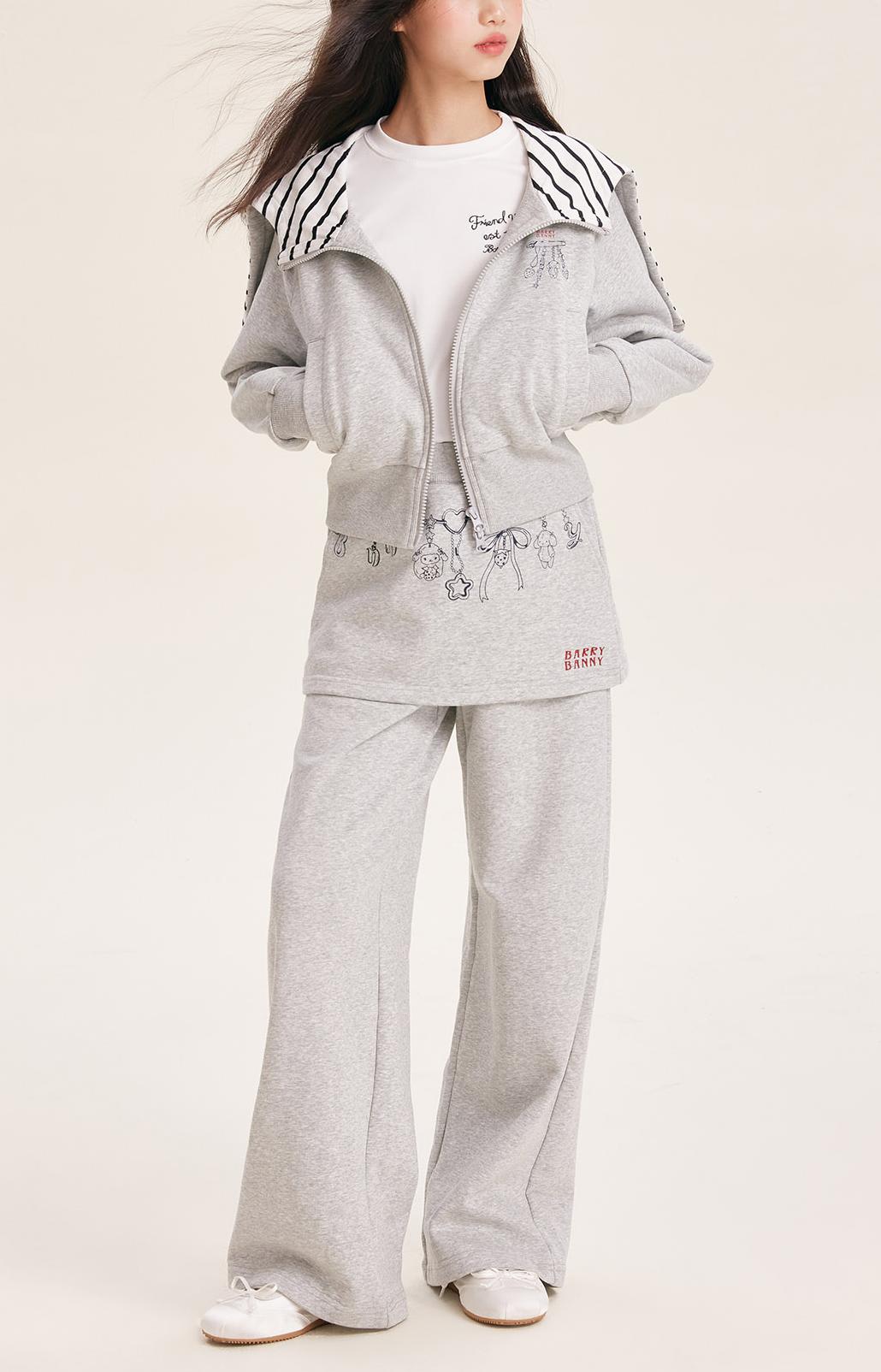 Girls Grey Hoodie Jacket and Faux Layered Skirt Pants Set