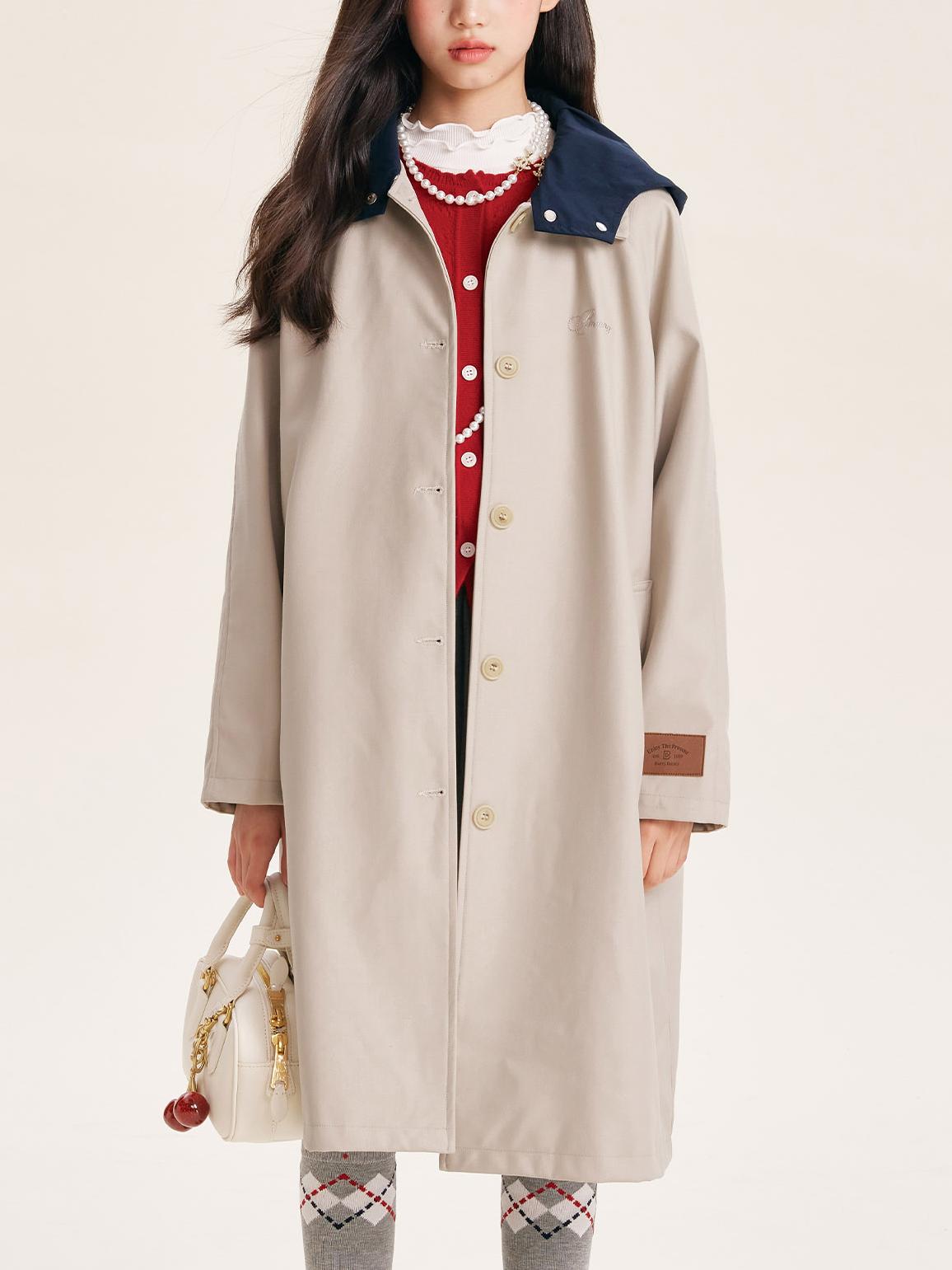 Stylish Mid-Length Trench Coat for Girls – Classic Apricot with Navy Collar