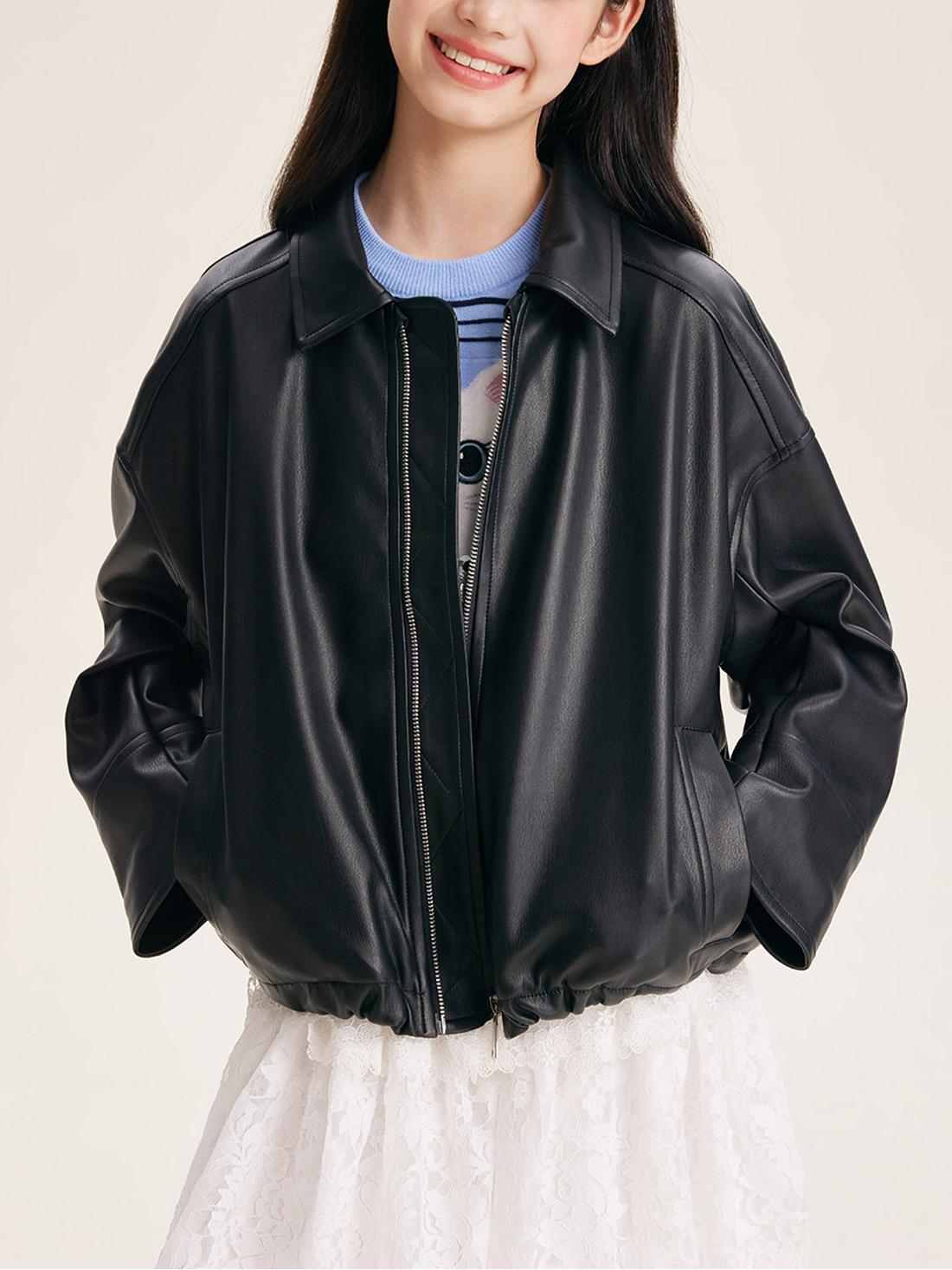 Girls' Black Faux Leather Zip-Up Bomber Jacket