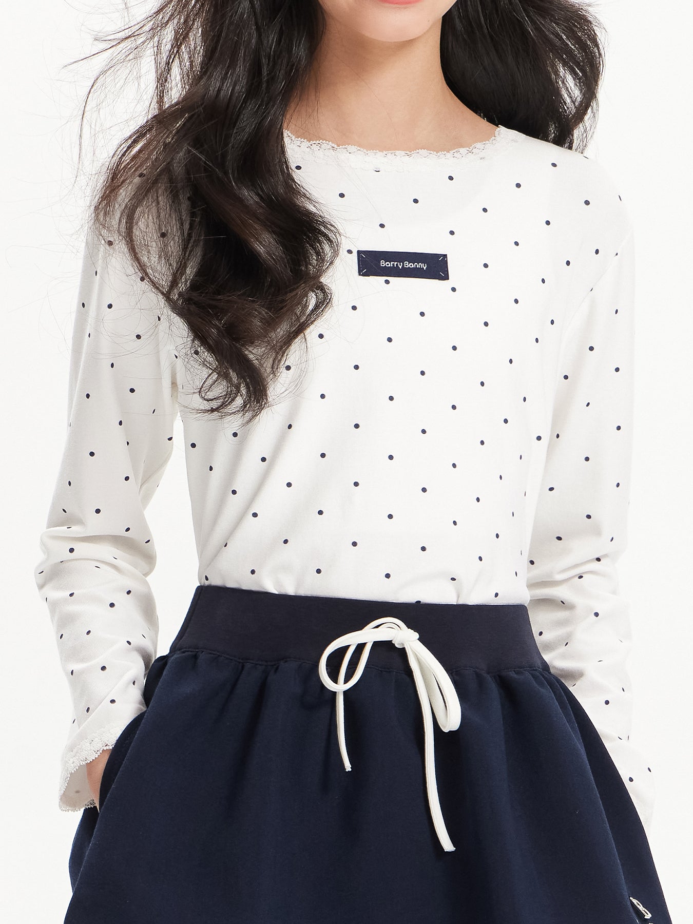 Girls Polka Dot Lace Trim Long Sleeve Tee with Logo