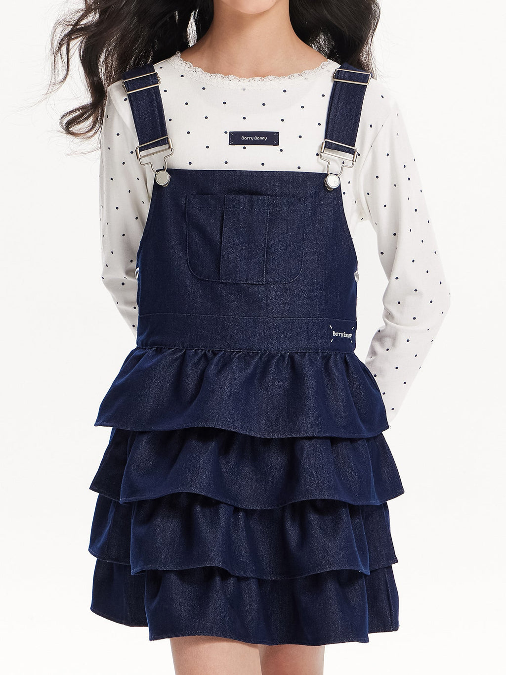 Girls Denim Layered Ruffle Overall Dress Adjustable