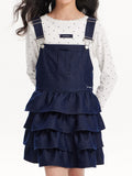 Girls Denim Layered Ruffle Overall Dress Adjustable