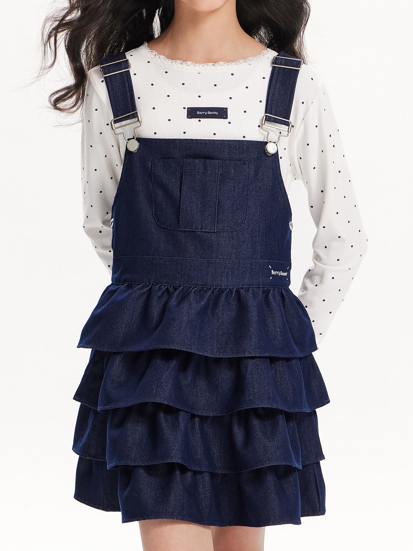 Girls Denim Layered Ruffle Overall Dress Adjustable