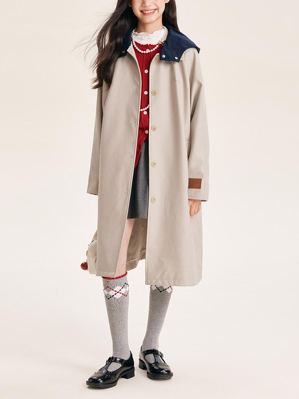 Stylish Mid-Length Trench Coat for Girls – Classic Apricot with Navy Collar