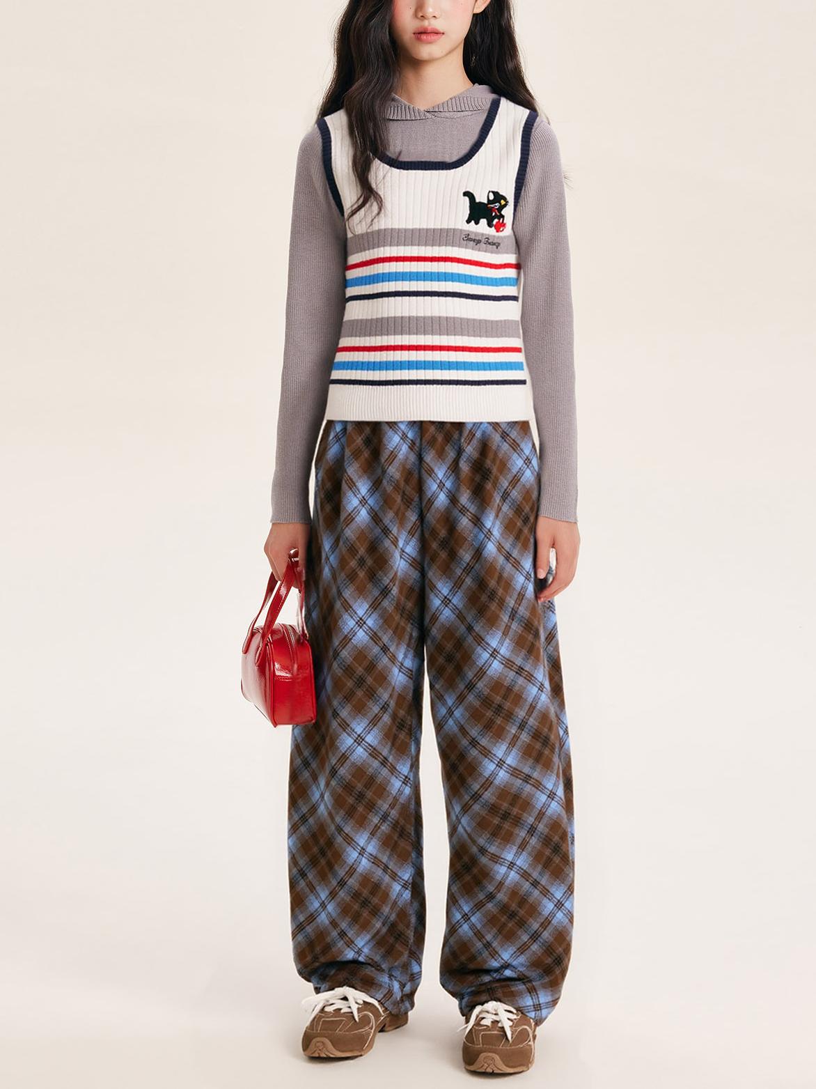 Unisex Blue Plaid Wide Leg Pants with Relaxed Fit