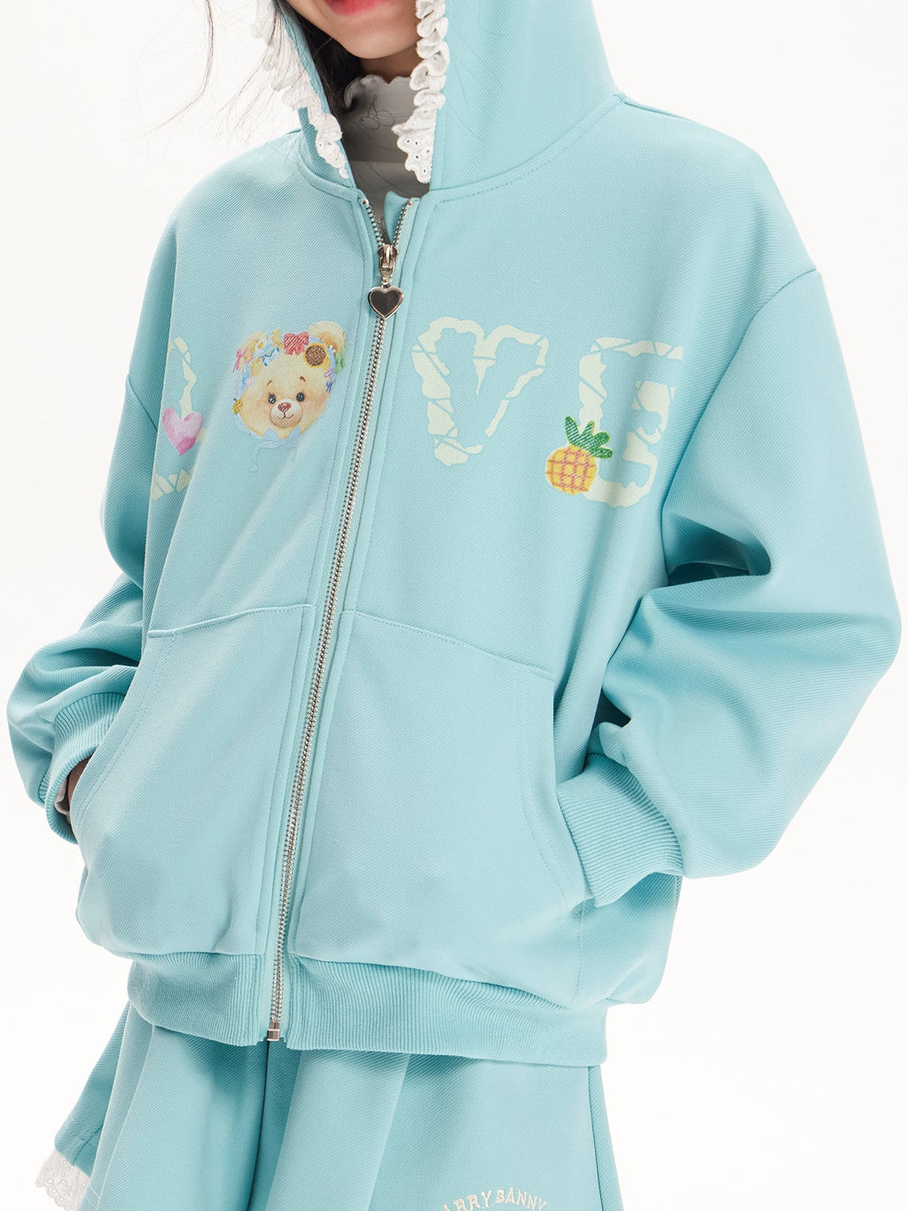 Girls Cartoon Hoodie and Lace Trim Shorts Two-Piece Set