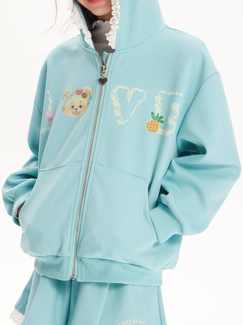 Girls Cartoon Hoodie and Lace Trim Shorts Two-Piece Set