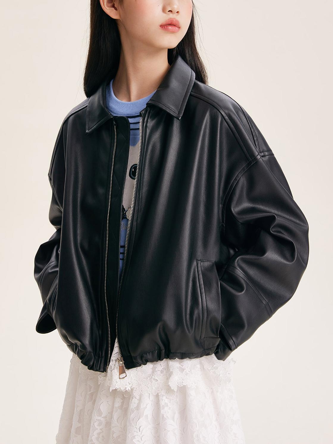 Girls' Black Faux Leather Zip-Up Bomber Jacket