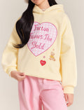 Girls Yellow Fleece Lined Hoodie with Heart Graphic Print