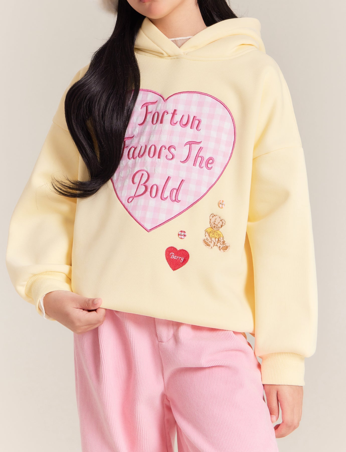 Girls Yellow Fleece Lined Hoodie with Heart Graphic Print