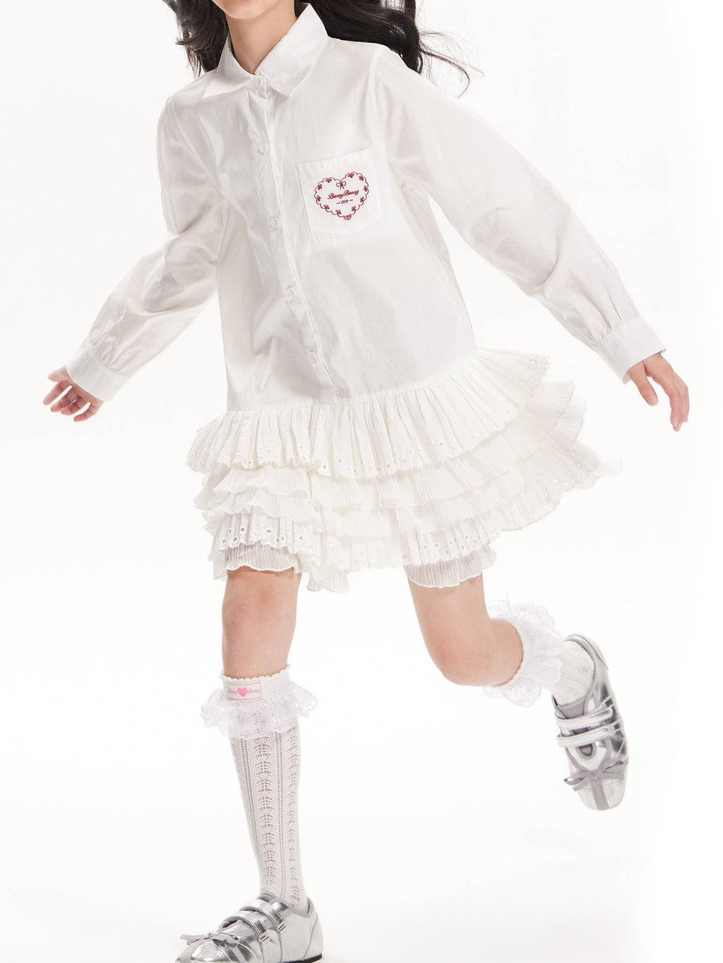 Girls White Ruffle Shirt Dress with Collar and Heart Pocket