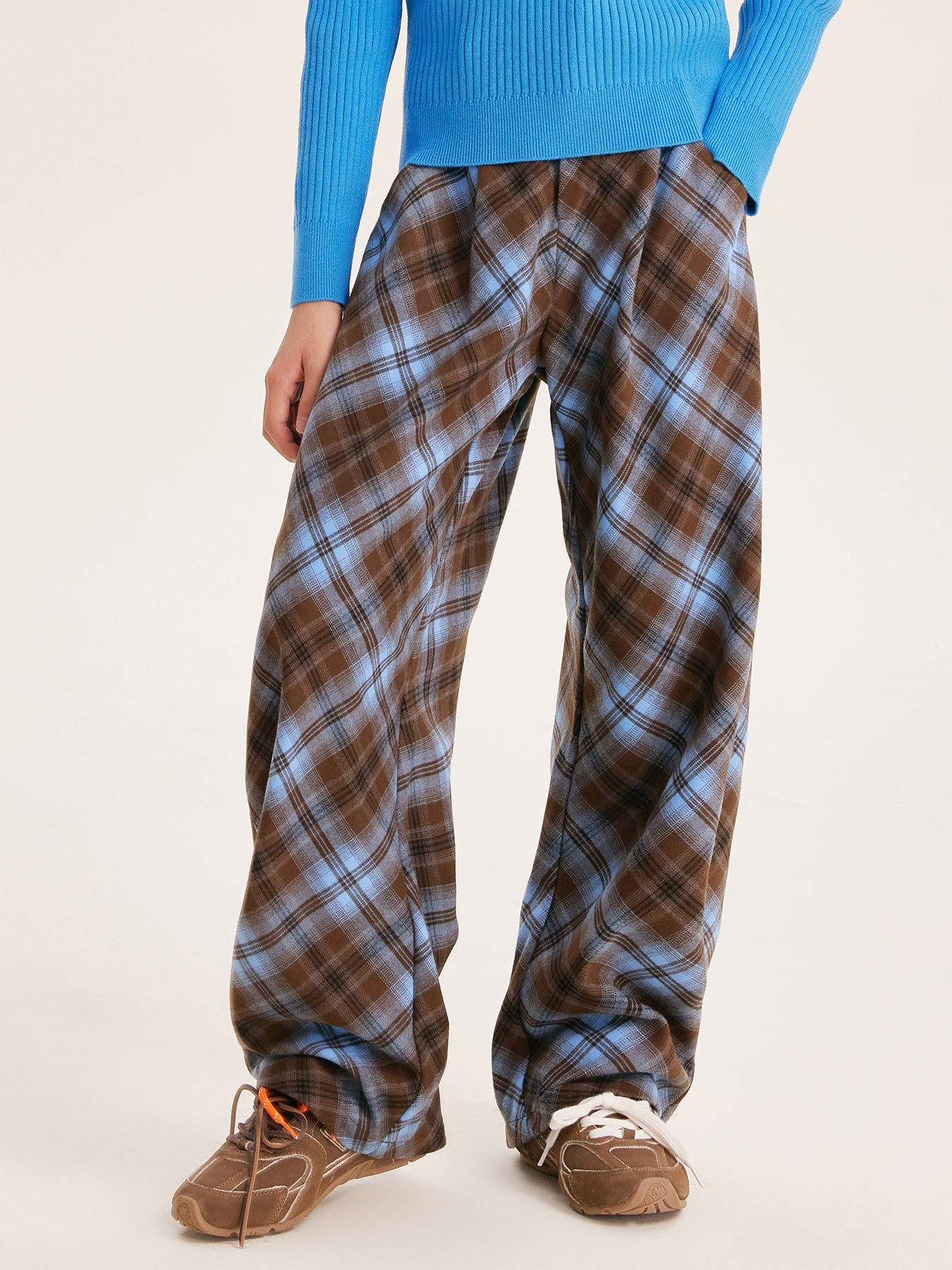 Unisex Blue Plaid Wide Leg Pants with Relaxed Fit