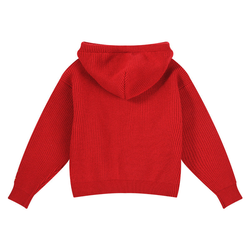 Girls Knit Hoodie with Flower Embroidery