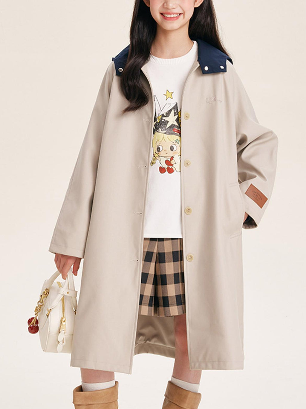 Stylish Mid-Length Trench Coat for Girls – Classic Apricot with Navy Collar