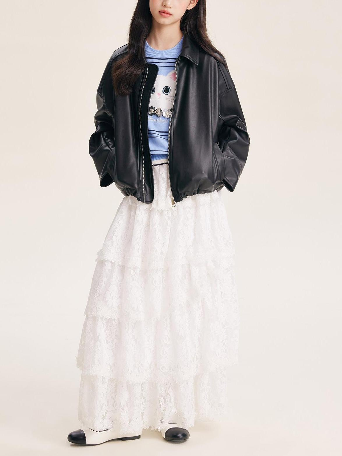 Girls' Black Faux Leather Zip-Up Bomber Jacket