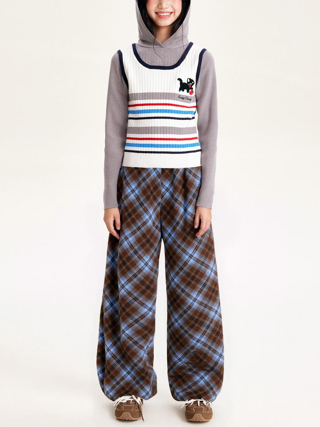 Unisex Blue Plaid Wide Leg Pants with Relaxed Fit