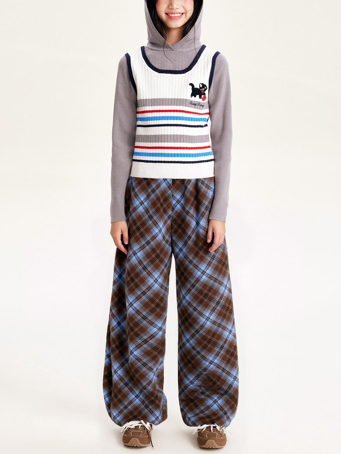 Unisex Blue Plaid Wide Leg Pants with Relaxed Fit