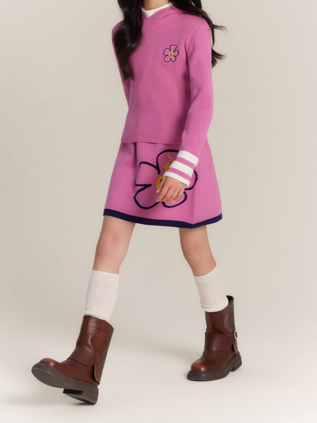 Girls Pink Hoodie Knit Top and Skirt Set