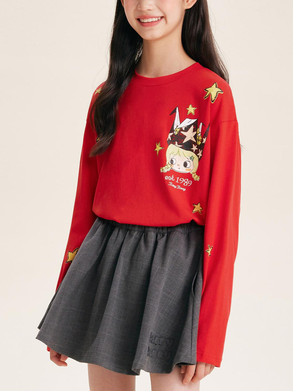 Girls Red Pullover Crewneck Cotton Long Sleeve Top