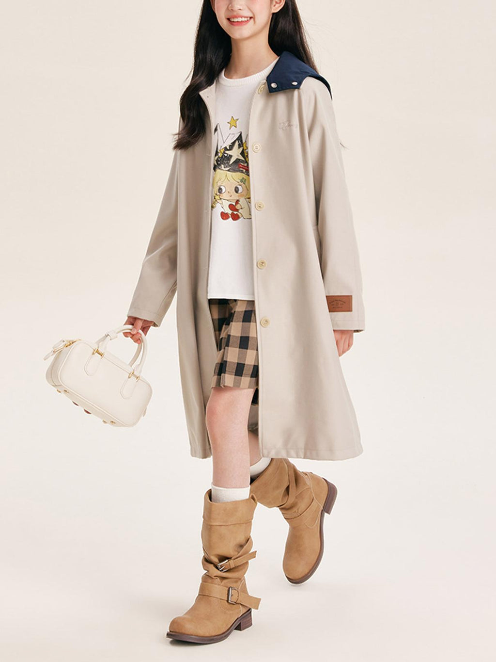 Stylish Mid-Length Trench Coat for Girls – Classic Apricot with Navy Collar