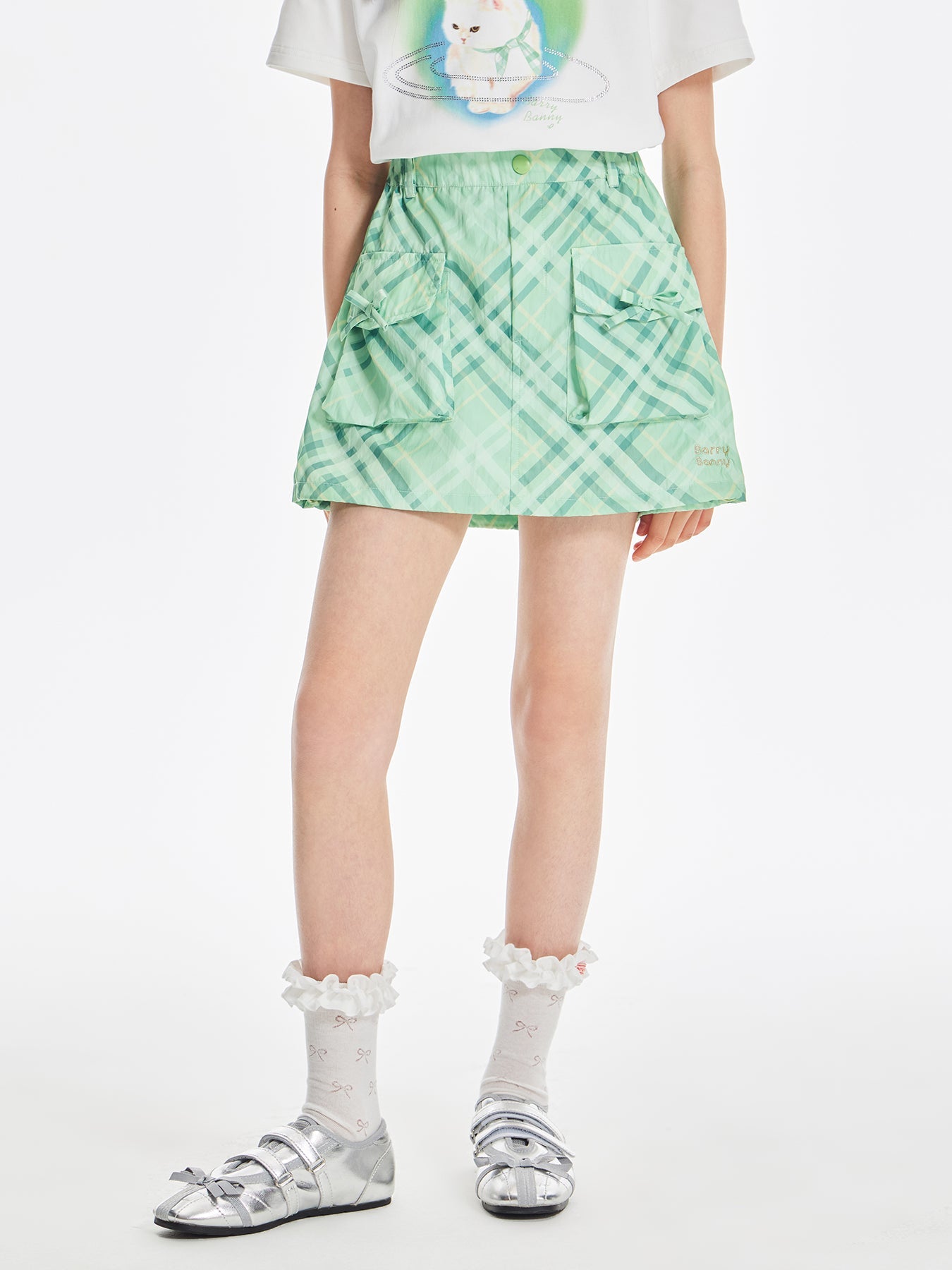 Girls Cargo Pocket Plaid Mini Skirt Green