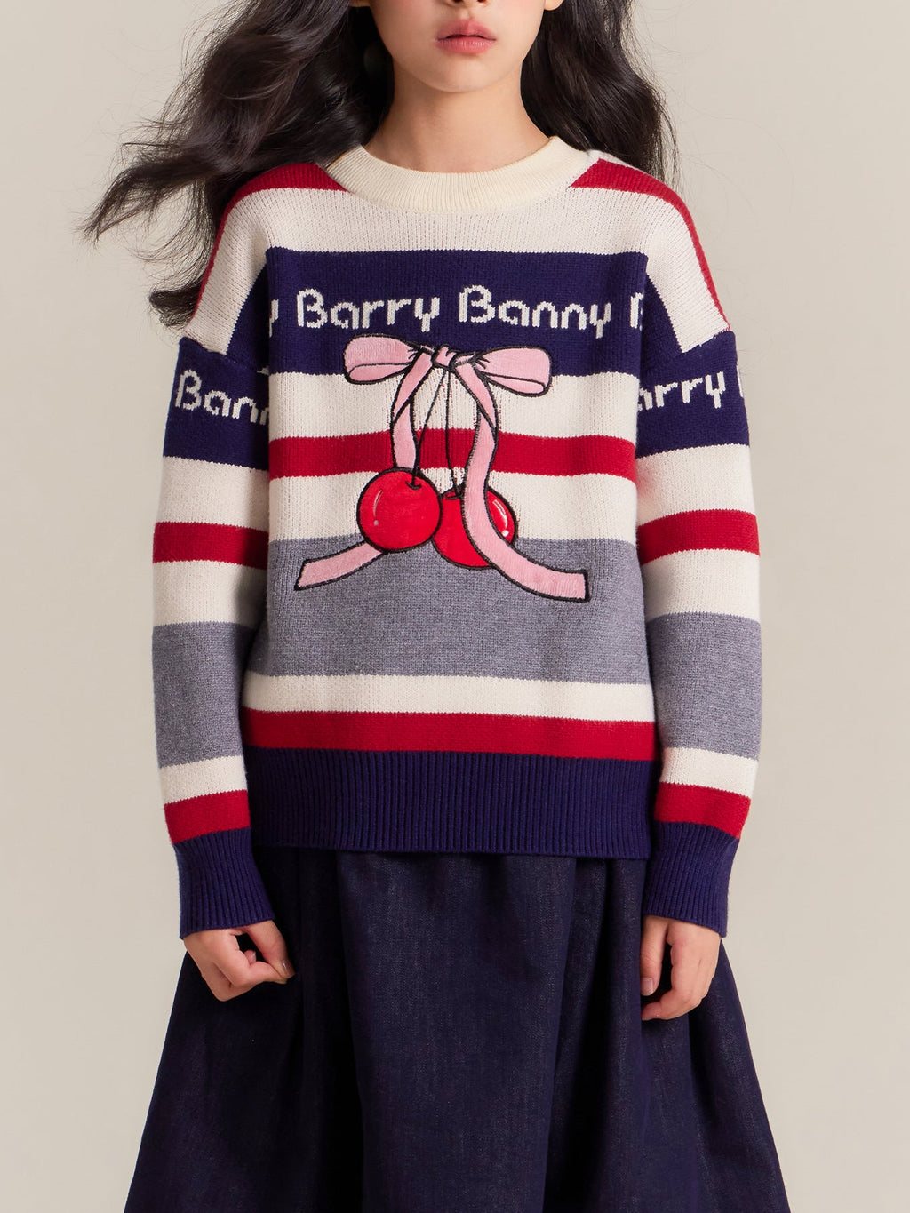 Girls Striped Knit Sweater with Cherry Bow Design