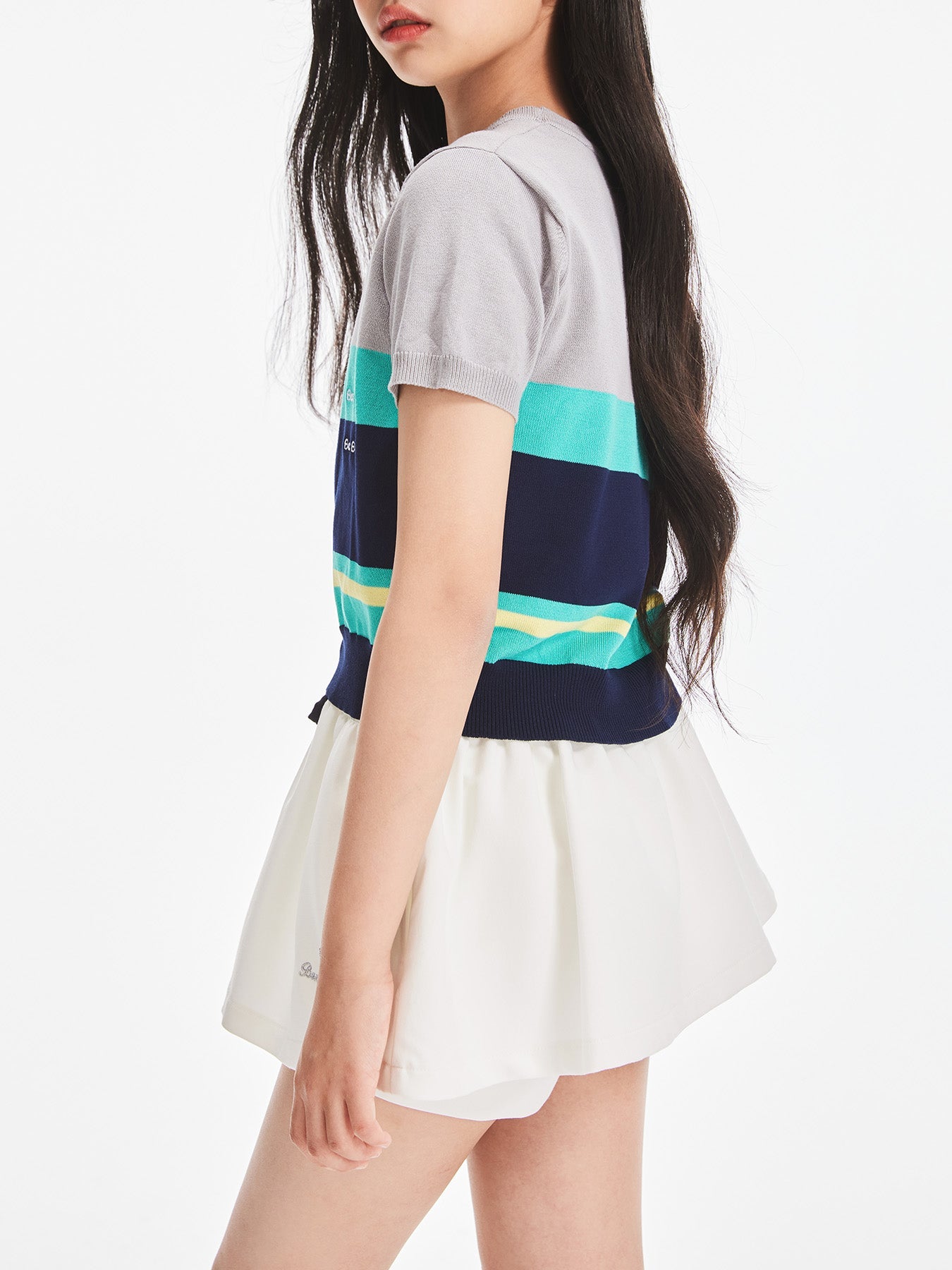Girls Summer Knit Color Block Crew Neck Short Sleeve Top