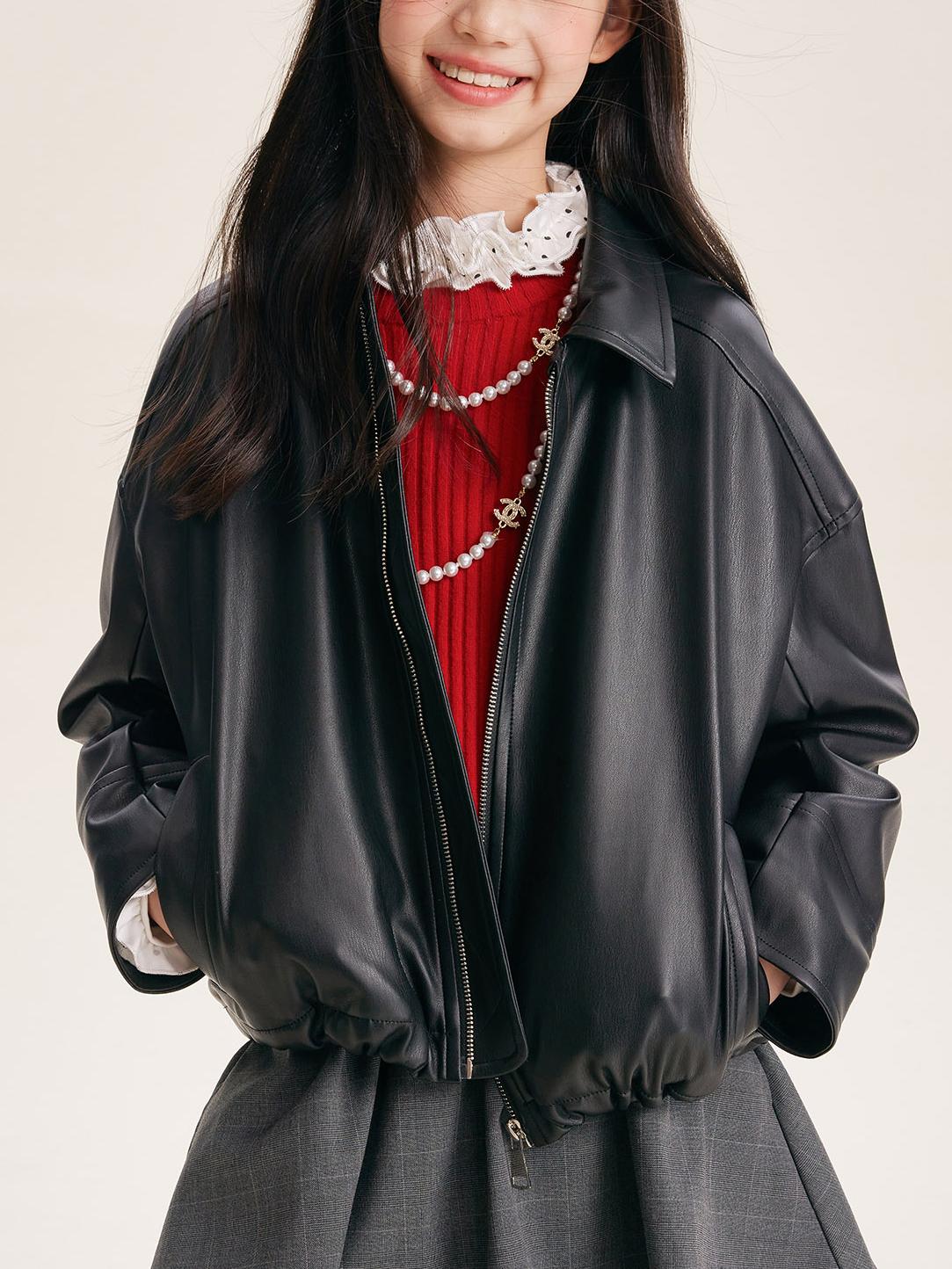 Girls' Black Faux Leather Zip-Up Bomber Jacket