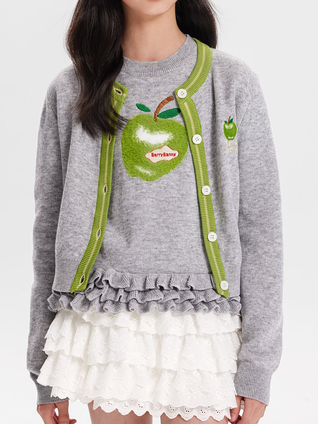 Girls Knit Cardigan Sweater with Apple Embroidery