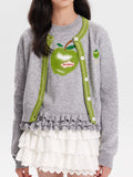 Girls Knit Cardigan Sweater with Apple Embroidery