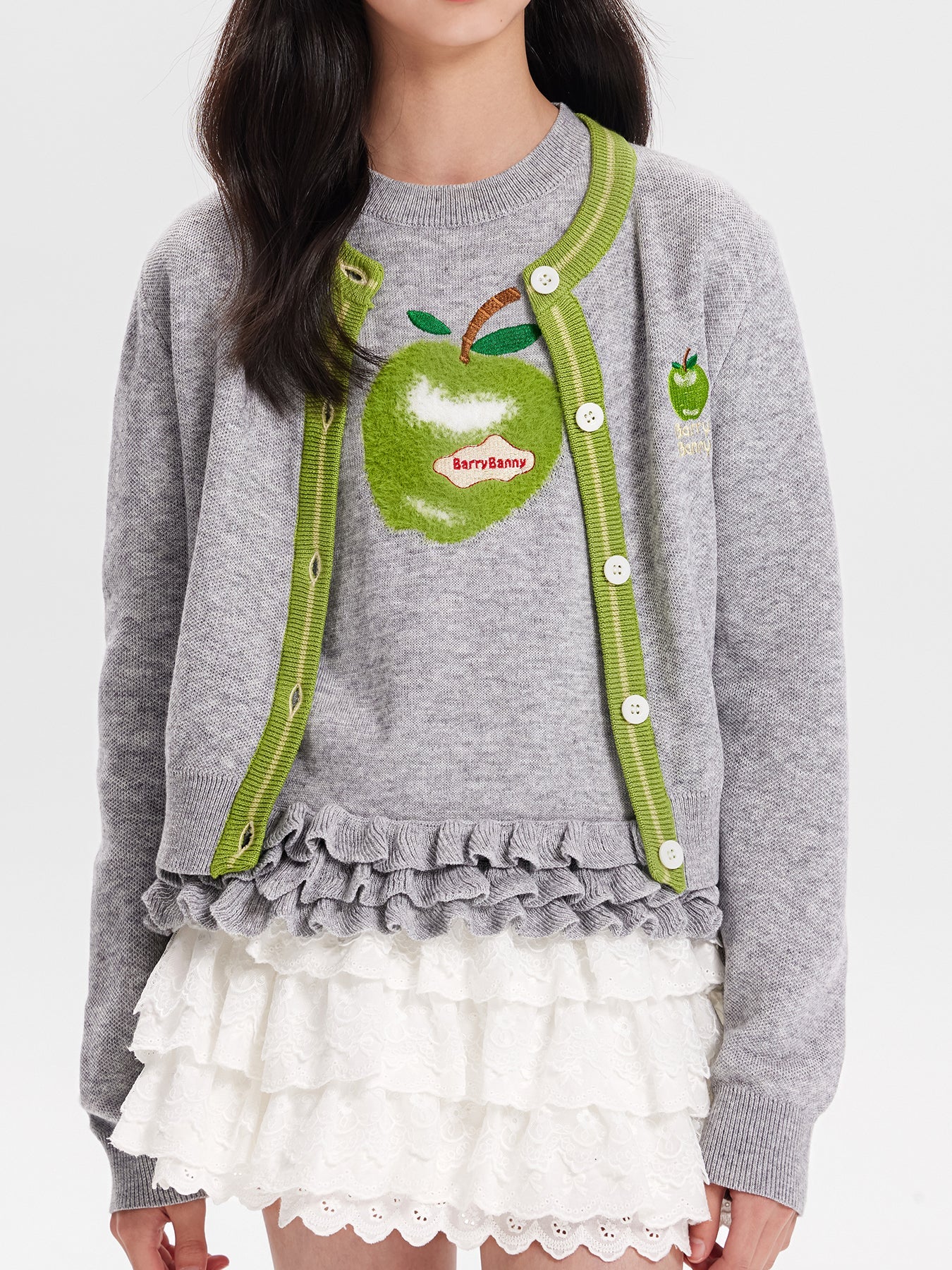Girls Knit Cardigan Sweater with Apple Embroidery