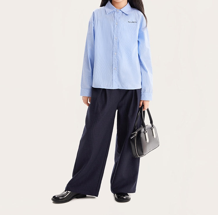 Girls Blue Cotton Long Sleeve Button Down Shirt