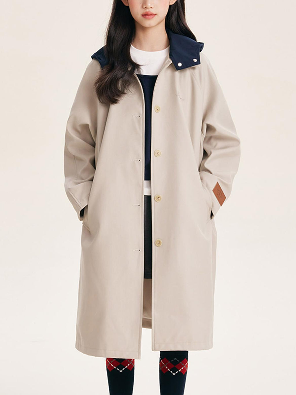 Stylish Mid-Length Trench Coat for Girls – Classic Apricot with Navy Collar