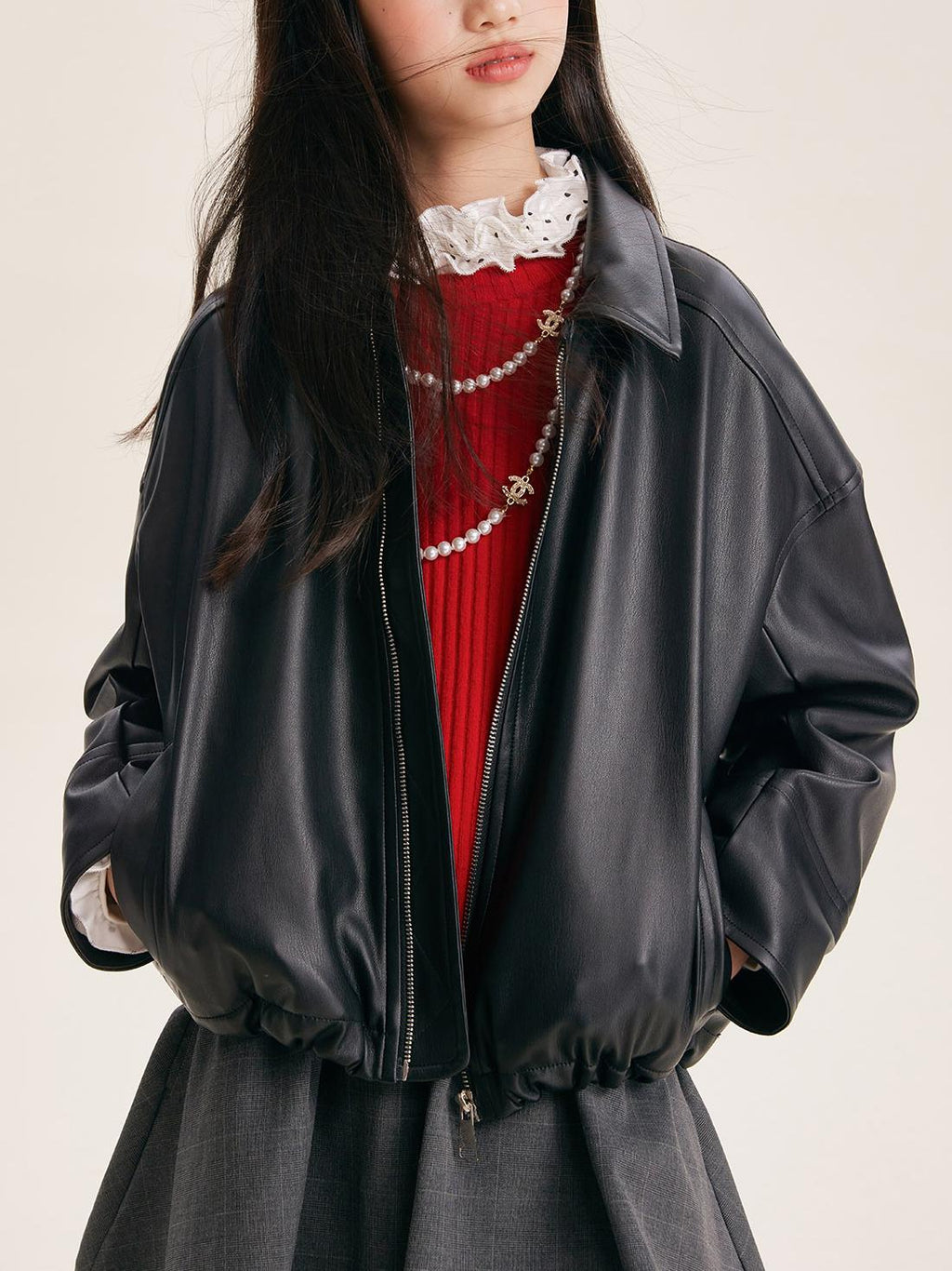 Girls' Black Faux Leather Zip-Up Bomber Jacket
