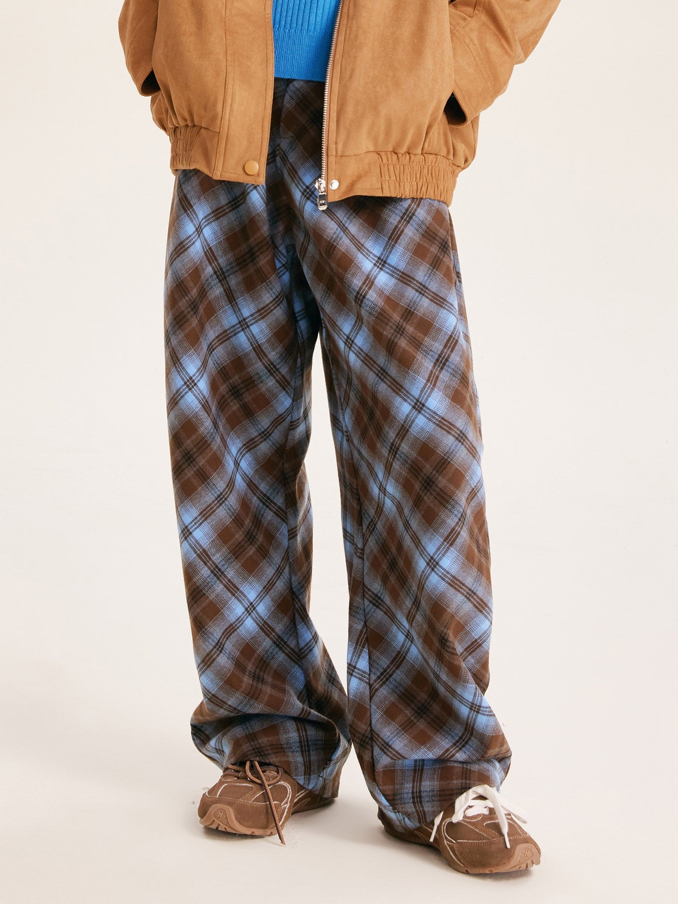 Unisex Blue Plaid Wide Leg Pants with Relaxed Fit