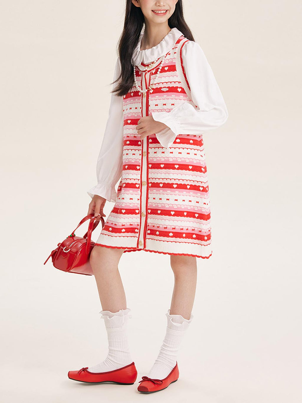 Girls' Red Striped Knit Sleeveless Sweater Dress