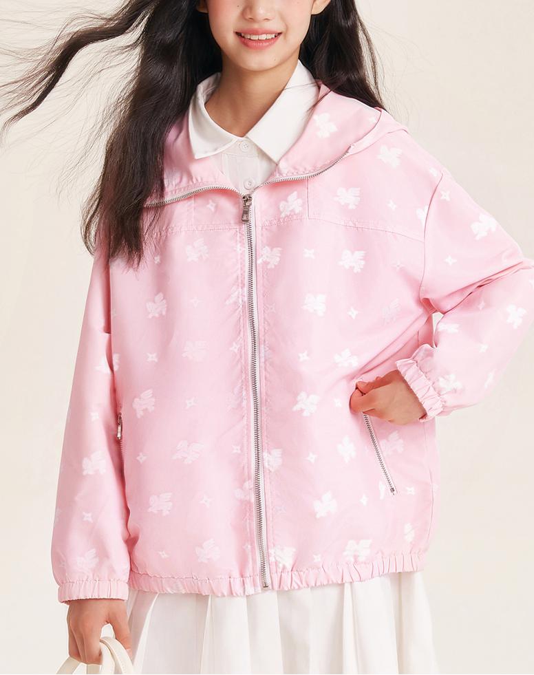 Girls Pink Windbreaker Jacket with Hood and Zip