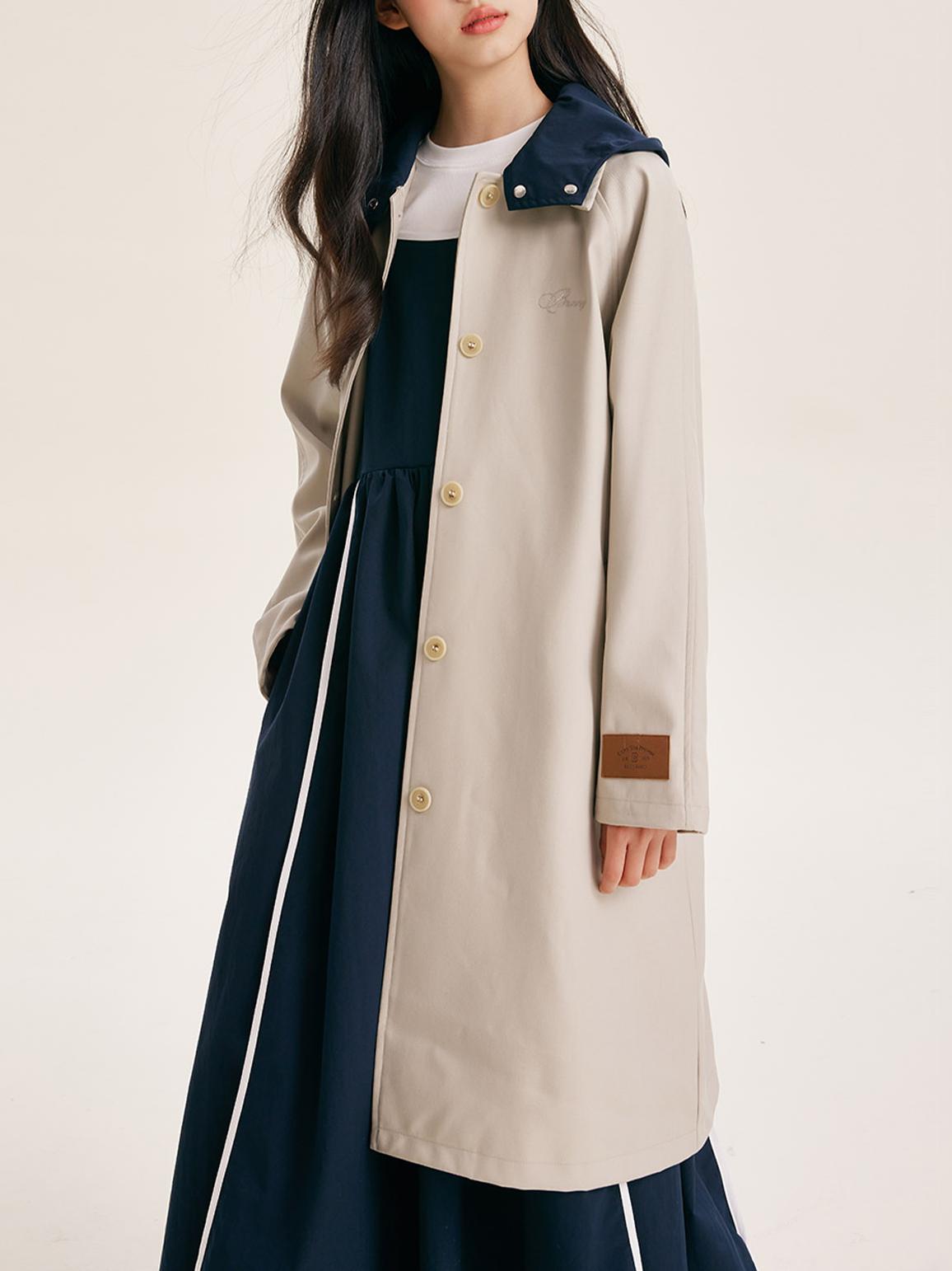 Stylish Mid-Length Trench Coat for Girls – Classic Apricot with Navy Collar