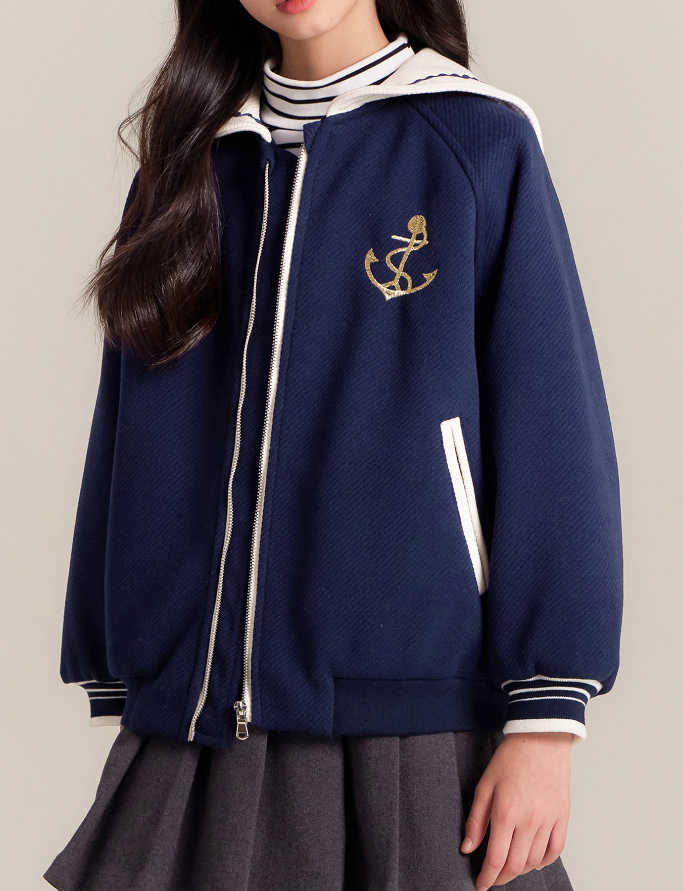 Girls Navy Sailor Collar Jacket Embroidered Casual Coat